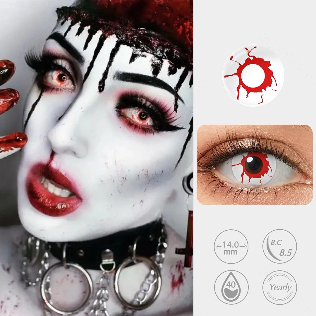 Blood Splash Halloween contact lenses with blood-red splatter design for scary costumes