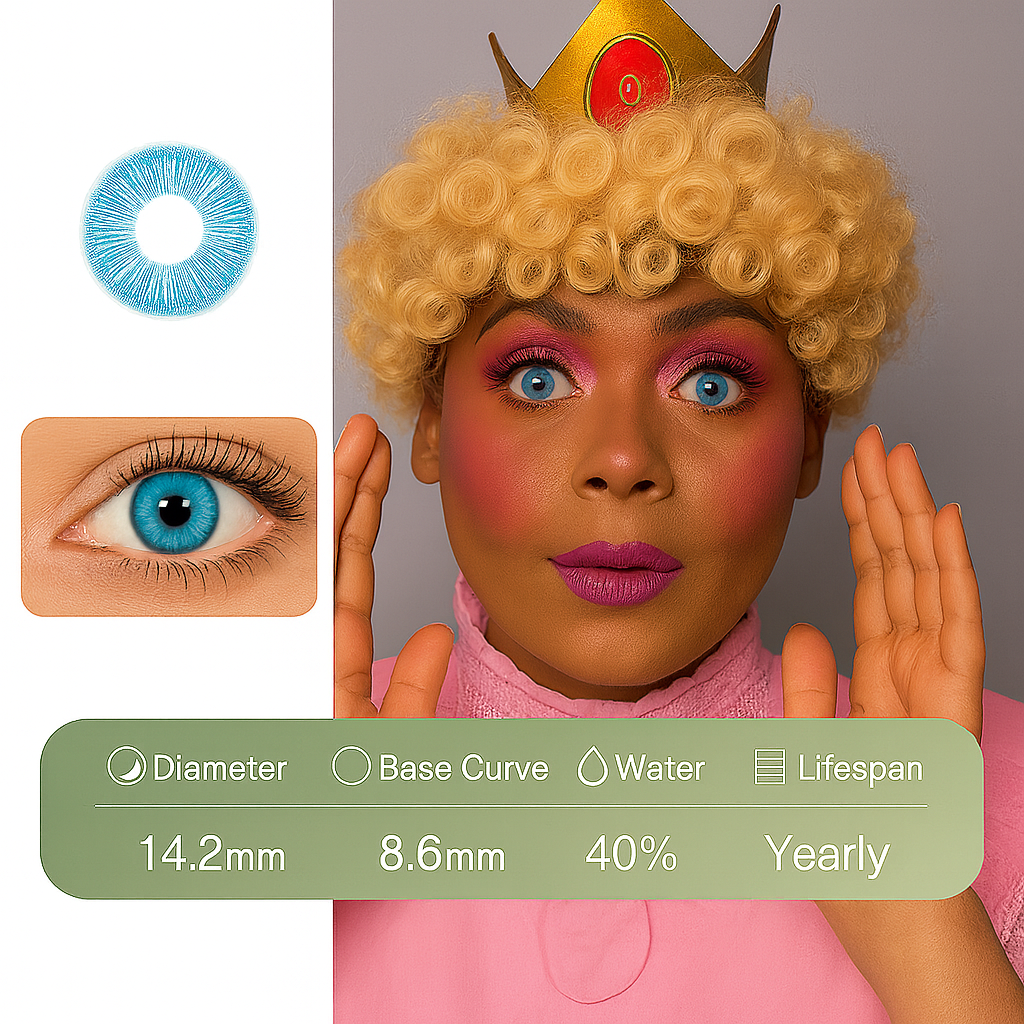 Close-up of Frozen Curse opaque light blue contact lenses creating a chilling stare